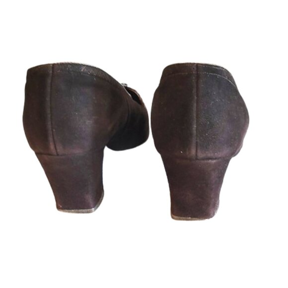 1940s Vintage Brown Suede Shoes Pumps With A Flower Front And Cuban Style Heel 6 - Picture 7 of 8
